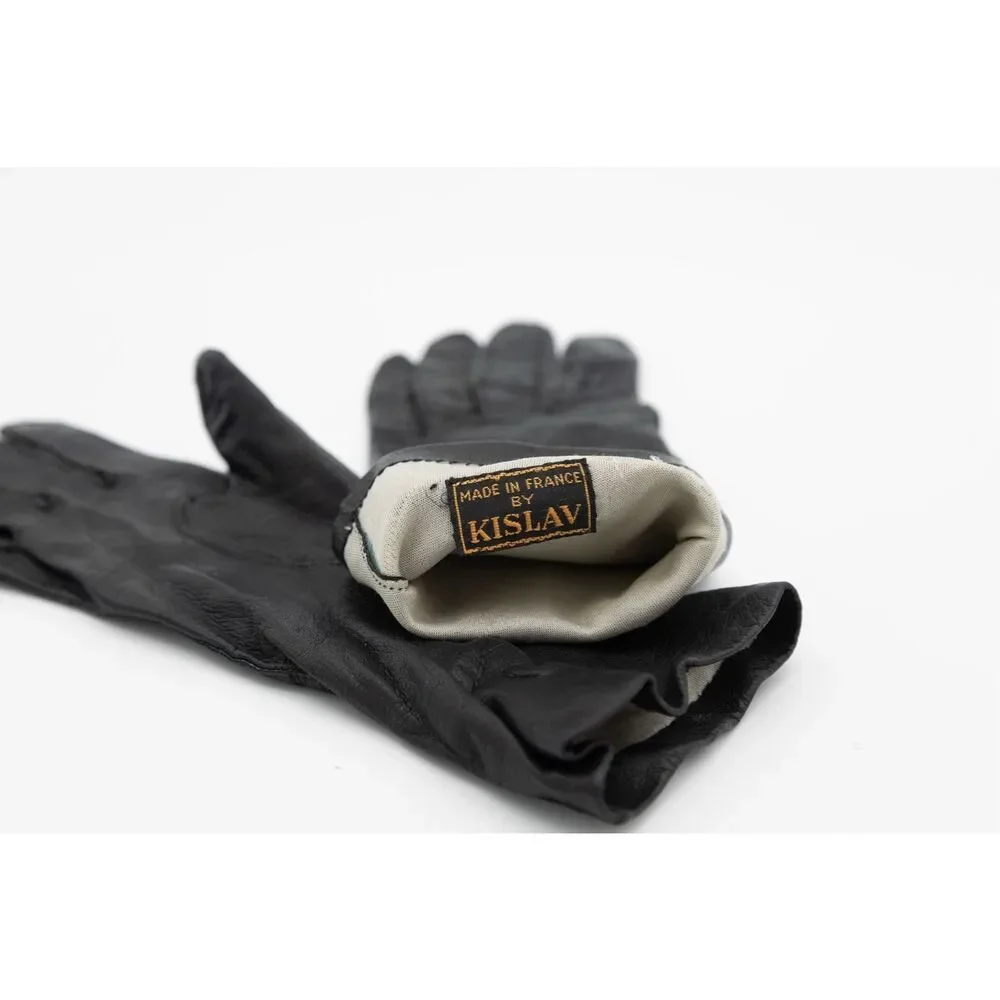 Vintage 1960s KISLAV Black Leather Gloves Women’s‎ 6.5 Made in France